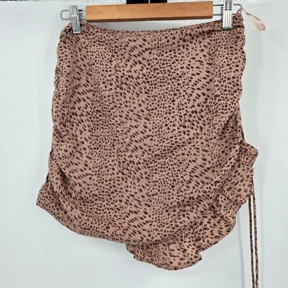 Hudson Gray Mini Skirt Womens S Pink Brown Animal Print‎ Ruched Drawstring Lined